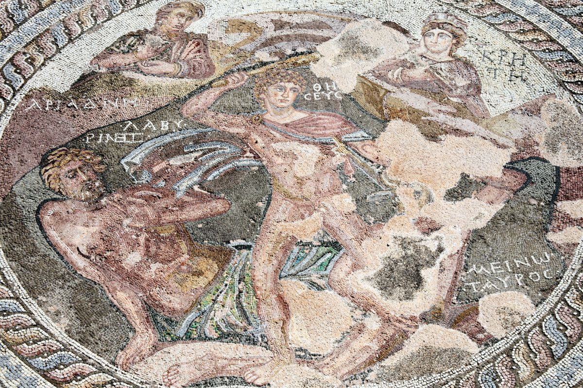 Mosaic depicting the mythical figure Theseus and other characters from ancient Greek mythology.